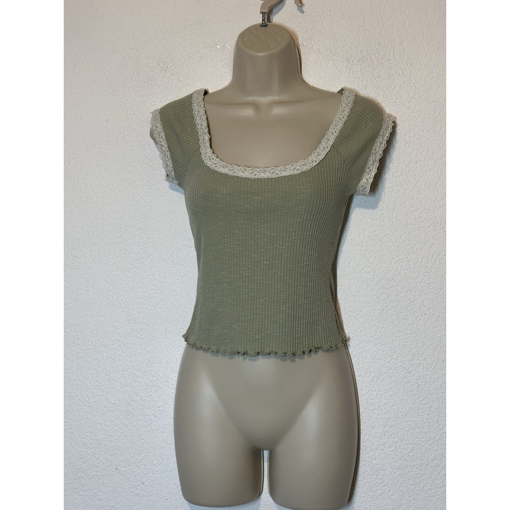Sugar Moon Green Rib Knit Baby Tee Lace Trim Coquette Y2K Dainty‎